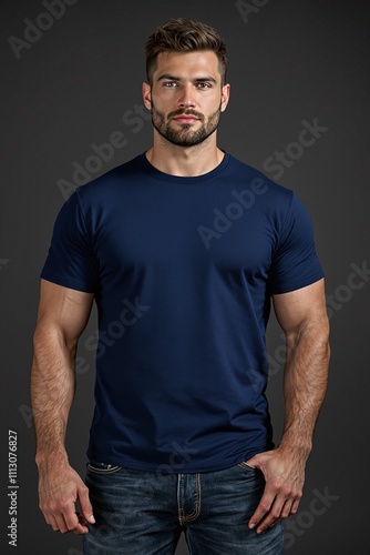 Confident Male Model in Blue T-Shirt Against Dark Background