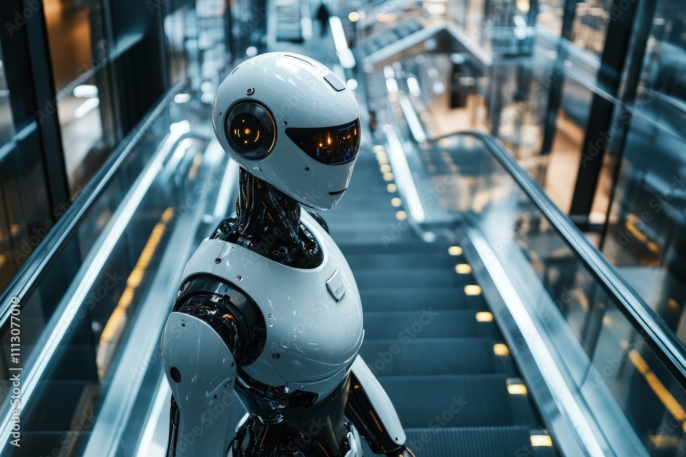 A humanoid robot on an escalator in a modern, high-tech environment. A humanoid robot on an escalator in a modern, high-tech environment.