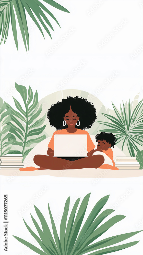 illustration of an African American mother working on her laptop at home in a home office, with her daughter nearby, surrounded by green plants and a white background, beautifully represents the them