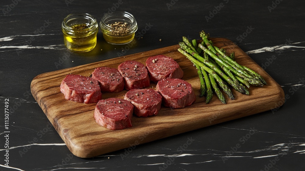 A wooden board with sliced beef tenderloin and asparagus, accompanied by oils and spices. A wooden board with sliced beef tenderloin and asparagus, accompanied by oils and spices.