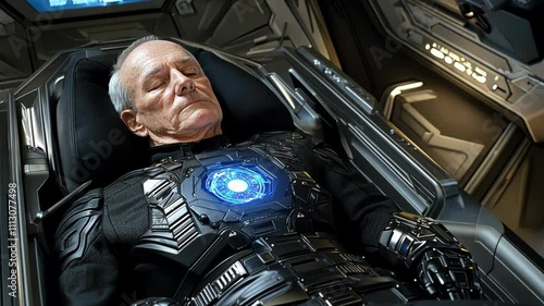 Futuristic scene of a man in a high-tech pod with a glowing center in a sci-fi setting