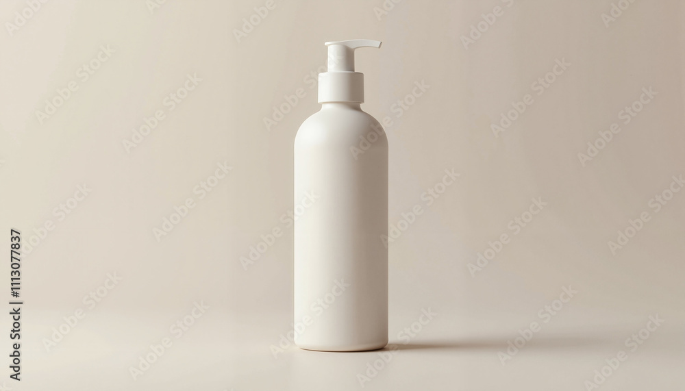 White pump bottle on beige background for cosmetic mockup White pump bottle on beige background for cosmetic mockup