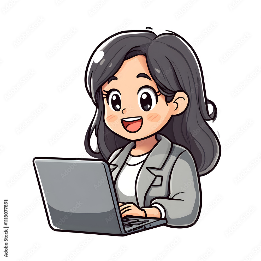 Happy Businesswoman Working on Laptop Cartoon Illustration Happy Businesswoman Working on Laptop Cartoon Illustration