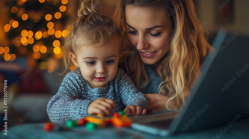 A blonde mother working on her laptop at home in a home office setting, with her daughter playing with toys beside her, beautifully captures the balance of motherhood and childhood
