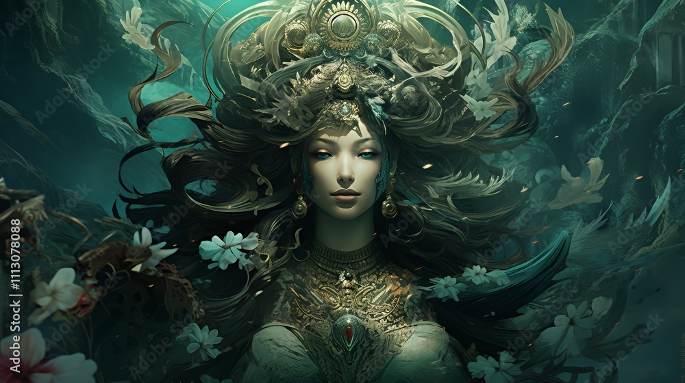 A mystical figure adorned with intricate jewelry and floral elements, embodying nature's beauty. A mystical figure adorned with intricate jewelry and floral elements, embodying nature's beauty.