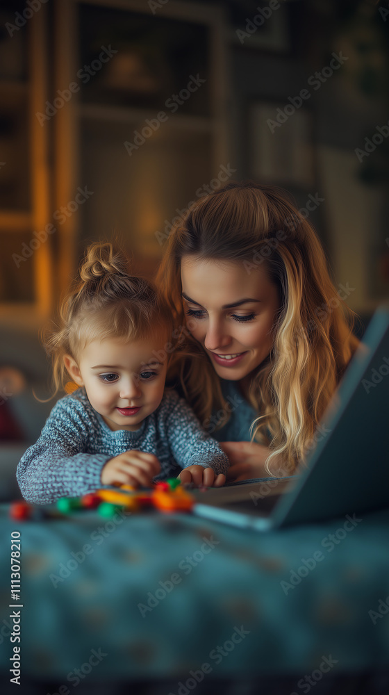A blonde mother working on her laptop at home in a home office setting, with her daughter playing with toys beside her, beautifully captures the balance of motherhood and childhood