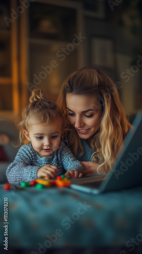 Obraz na płótnie A blonde mother working on her laptop at home in a home office setting, with her daughter playing with toys beside her, beautifully captures the balance of motherhood and childhood w salonie