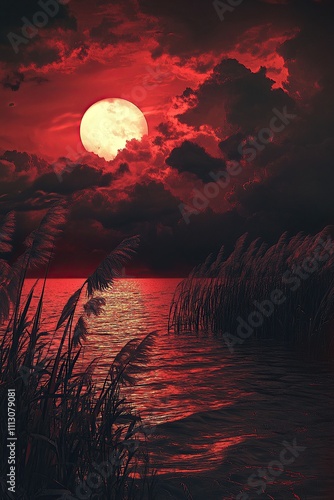 A red moon shines over a calm lake with tall reeds in the foreground. photo