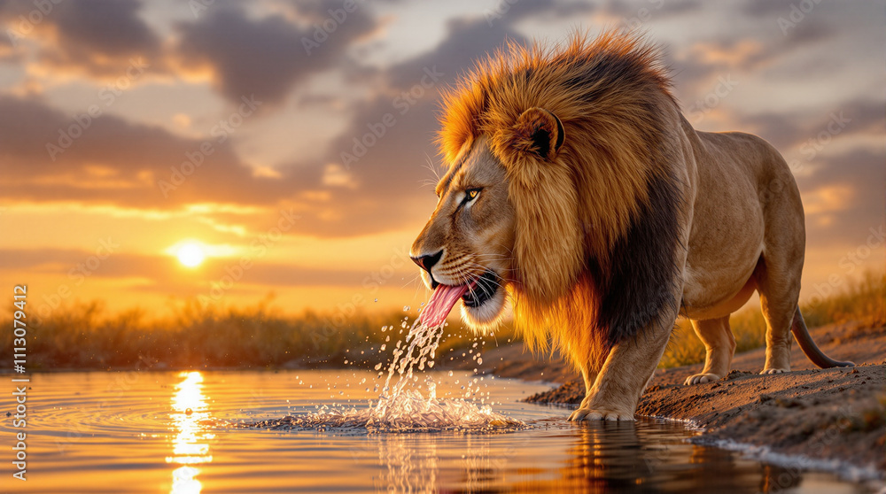 Majestic Male Lion Drinking from a Water Source Against a Stunning Sunset - Majestoso leão macho bebendo água Majestic Male Lion Drinking from a Water Source Against a Stunning Sunset - Majestoso leão macho bebendo água