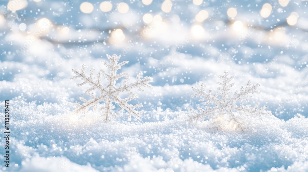 A serene winter scene featuring snowflakes in a snowy landscape with soft bokeh lights. A serene winter scene featuring snowflakes in a snowy landscape with soft bokeh lights.