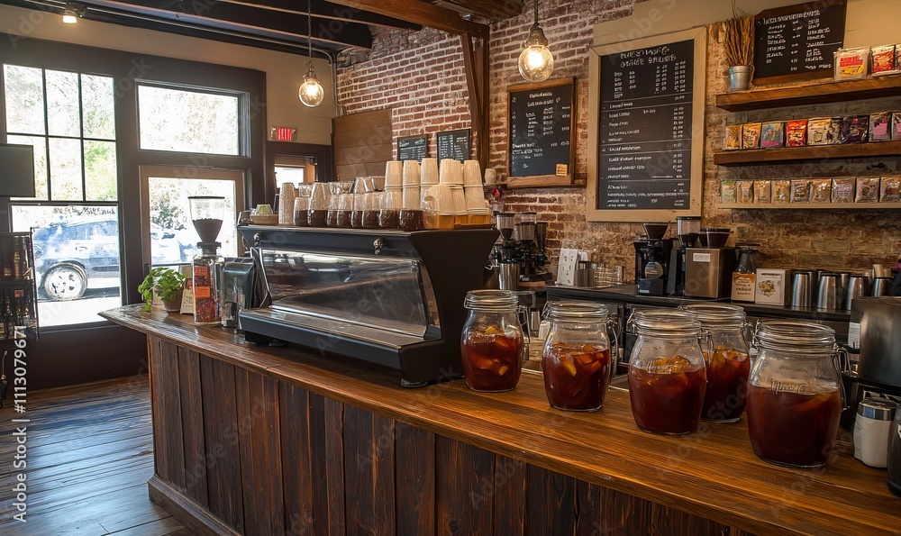Fototapeta premium Cozy coffee shop with a rustic feel and iced coffee jars on the counter.