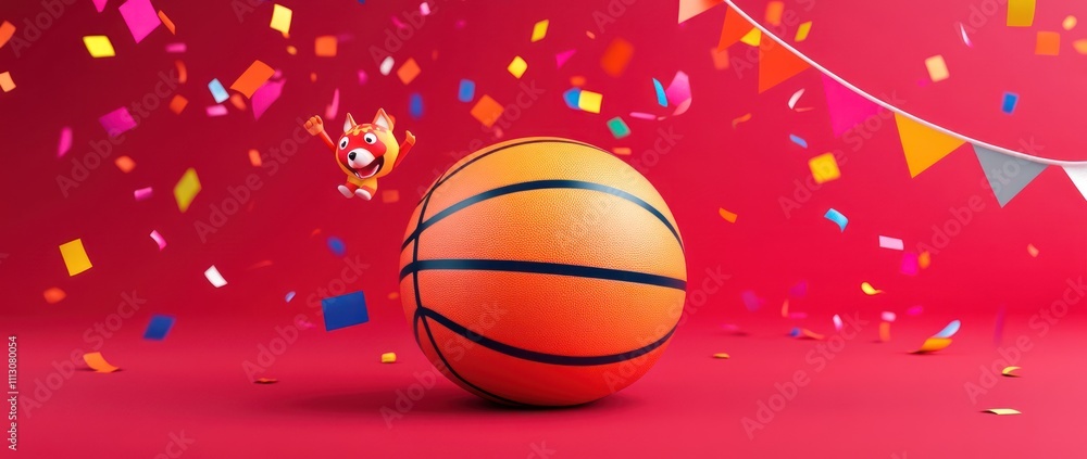 A vibrant basketball with festive confetti and a playful character, celebrating sports excitement. A vibrant basketball with festive confetti and a playful character, celebrating sports excitement.