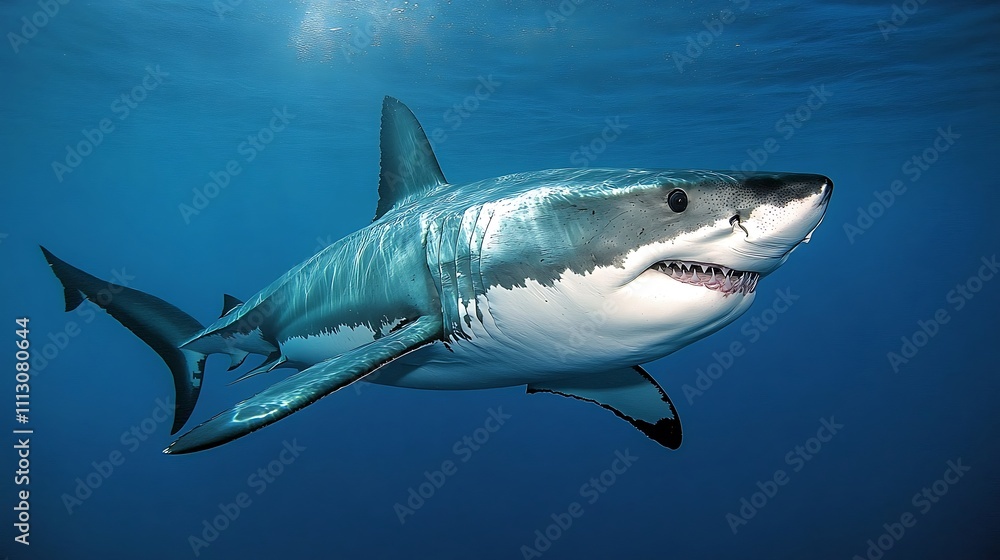 Majestic great white shark swimming in deep blue ocean water. Majestic great white shark swimming in deep blue ocean water.