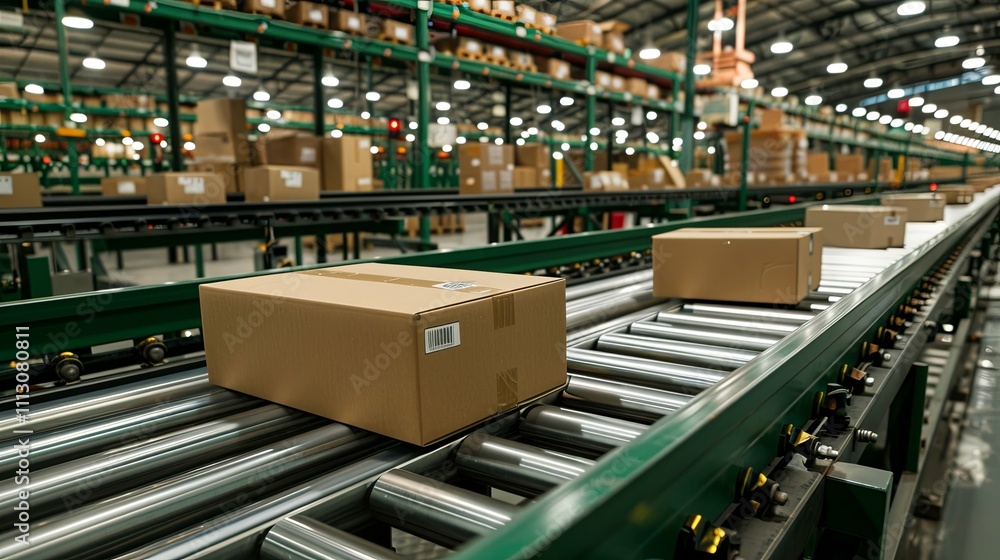 Cardboard boxes on a conveyor belt in a warehouse distribution center. Cardboard boxes on a conveyor belt in a warehouse distribution center.