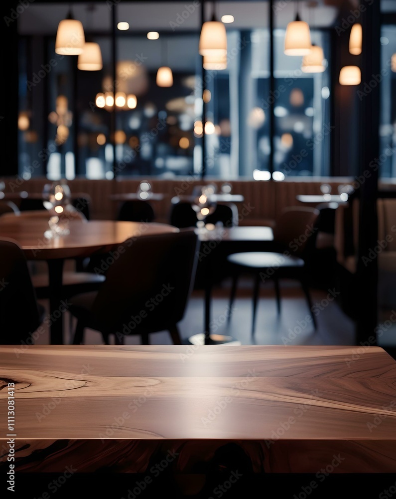 Empty, wooden table and chairs in a modern, minimalist restaurant interior Empty, wooden table and chairs in a modern, minimalist restaurant interior