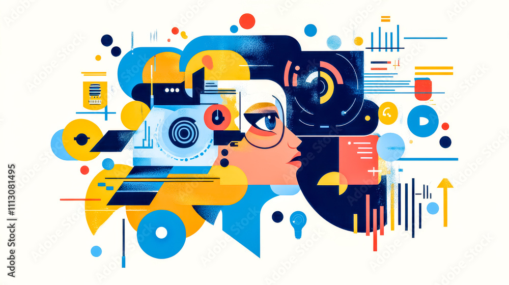 Obraz premium Woman embracing digital transformation, abstract illustration of technology and innovation