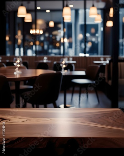 Empty, wooden table and chairs in a modern, minimalist restaurant interior