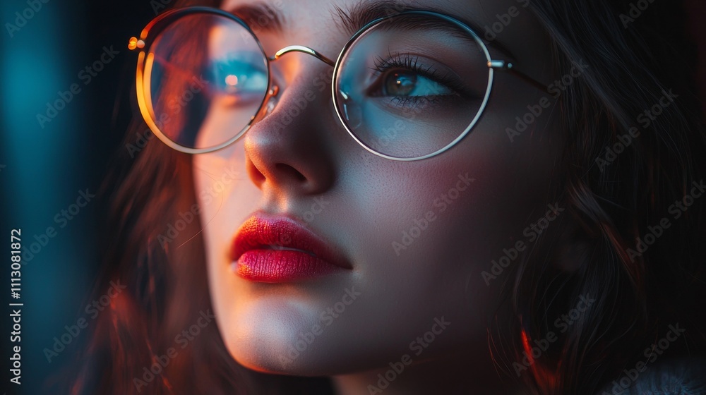 Portrait of a thoughtful woman with glasses in dramatic lighting Portrait of a thoughtful woman with glasses in dramatic lighting