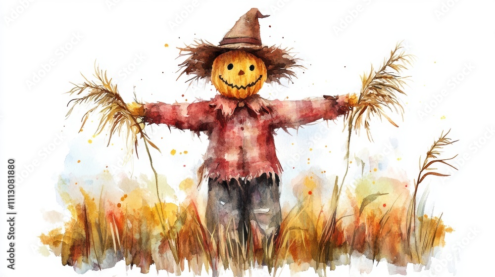 Fototapeta premium Scarecrow in farm land. Fall season decoration.