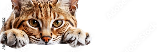 A close-up of a leopard cat resting with its paws stretched out. photo