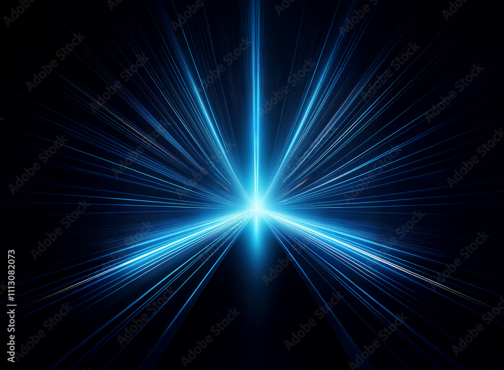 Fototapeta premium Abstract image of glowing blue light radiating outward from a central point, creating a starburst effect against a black background. The light streaks suggest speed and movement.