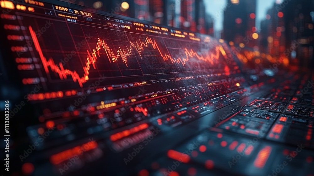 Red Stock Market Data Display Showing Decline At Night Red Stock Market Data Display Showing Decline At Night