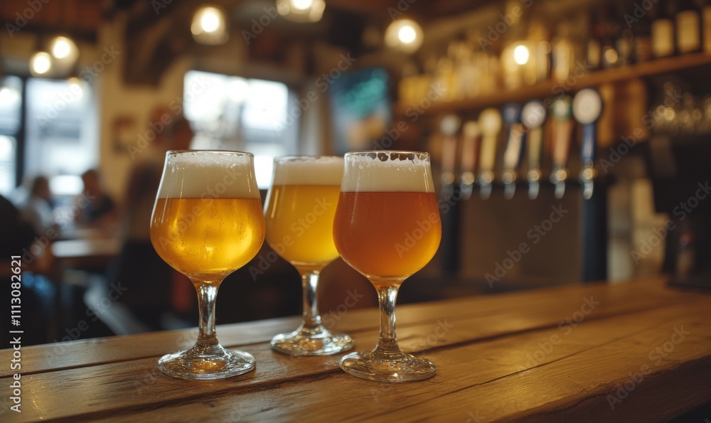 Glasses of beer on a wooden bar counter in a cozy pub. Concept of socializing, relaxation, and pub culture. Glasses of beer on a wooden bar counter in a cozy pub. Concept of socializing, relaxation, and pub culture.