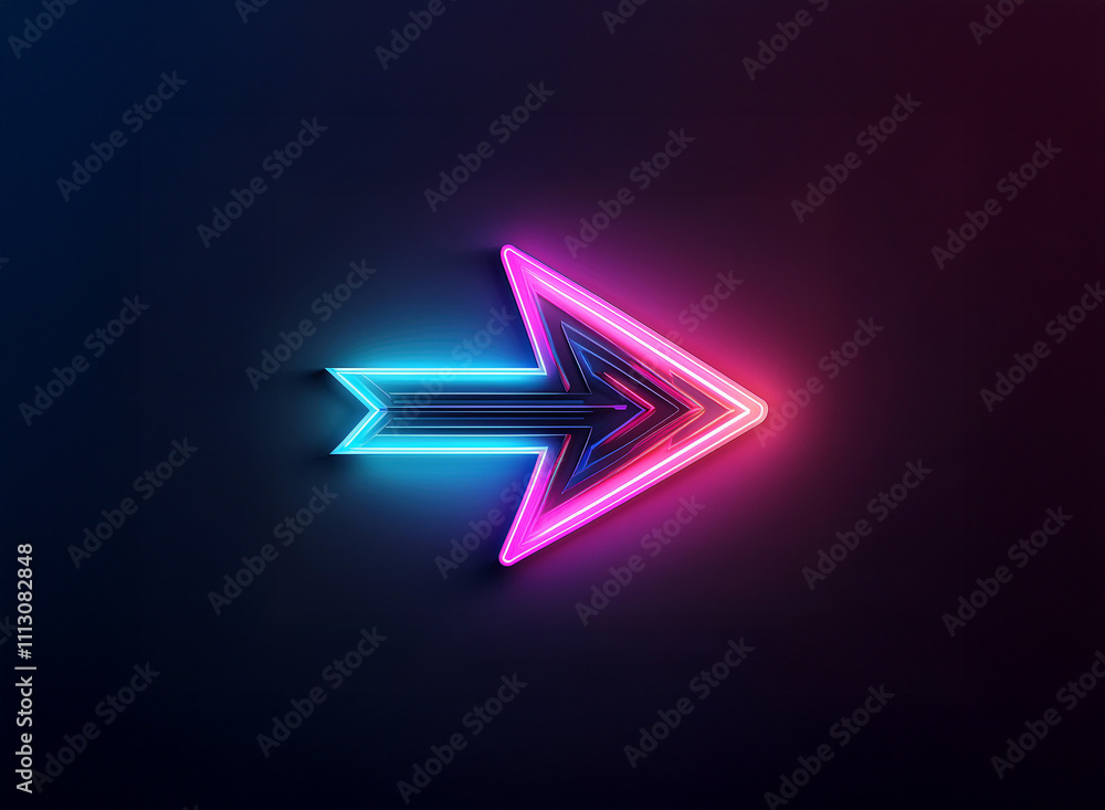 A vibrant neon arrow points right, glowing with pink and blue light against a dark background. Its sleek design suggests movement and direction. A vibrant neon arrow points right, glowing with pink and blue light against a dark background. Its sleek design suggests movement and direction.