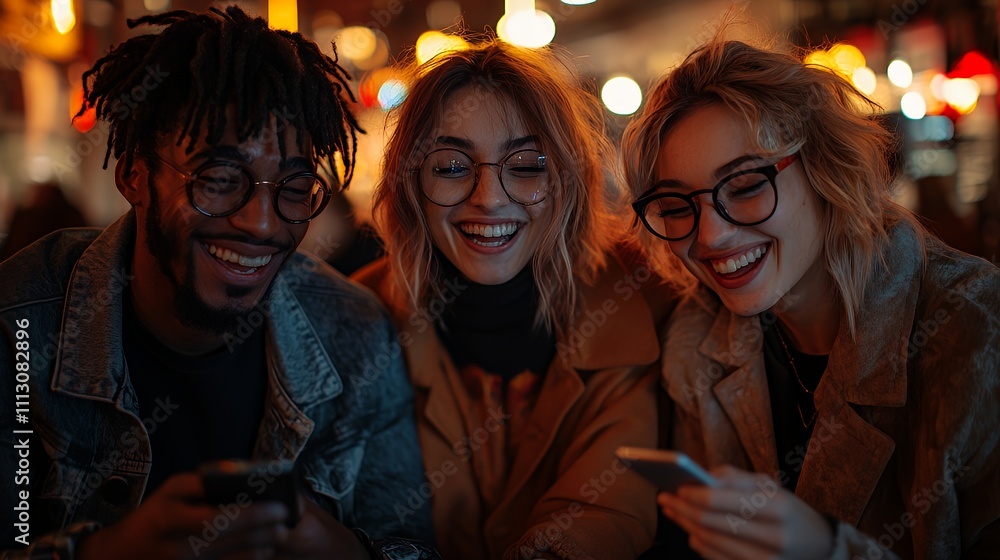Three friends enjoying a joyful moment together while looking at their phones in a cozy setting. Three friends enjoying a joyful moment together while looking at their phones in a cozy setting.