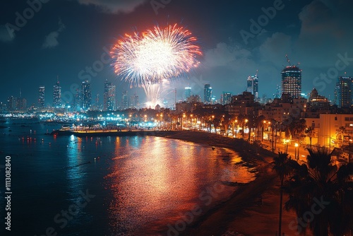 Fireworks illuminate Tel Aviv skyline over the Mediterranean, celebrating New Year with vibrant cityscape reflections photo