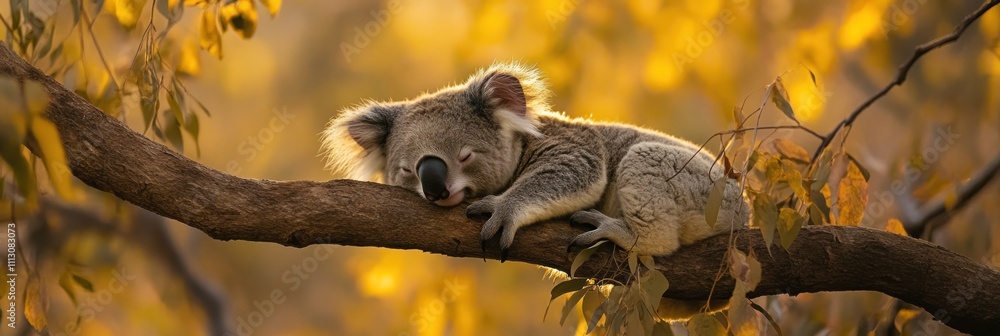 A koala peacefully sleeping on a branch amidst a warm, golden-hued background.