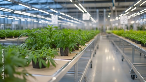 Indoor cannabis cultivation, rows of potted plants under grow lights in a modern greenhouse.
