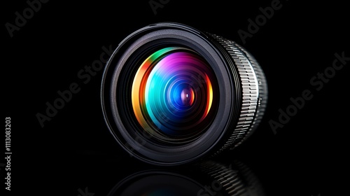 Close-up of a camera lens with a rainbow reflection. photo