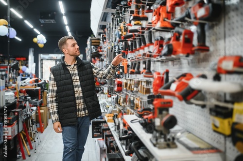 Cuadro en lienzo A man chooses a power tool in a hardware store