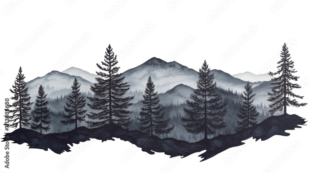 Obraz premium Black silhouette of forest and mountain transparent background