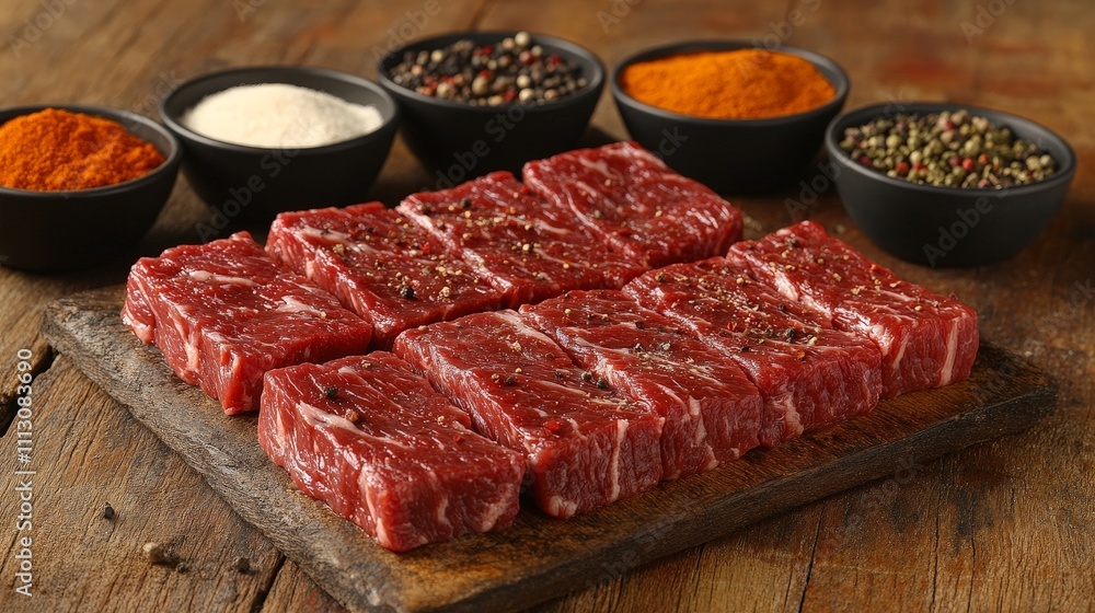 Fresh cuts of beef surrounded by various spices on a wooden surface. Fresh cuts of beef surrounded by various spices on a wooden surface.