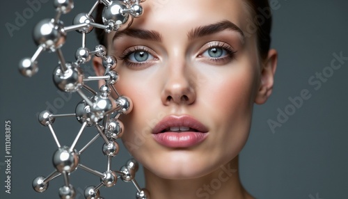 Close-up portrait of a woman with molecular structure, representing the fusion of beauty and science. Captures elegance, innovation, and modern skincare concepts.

 photo