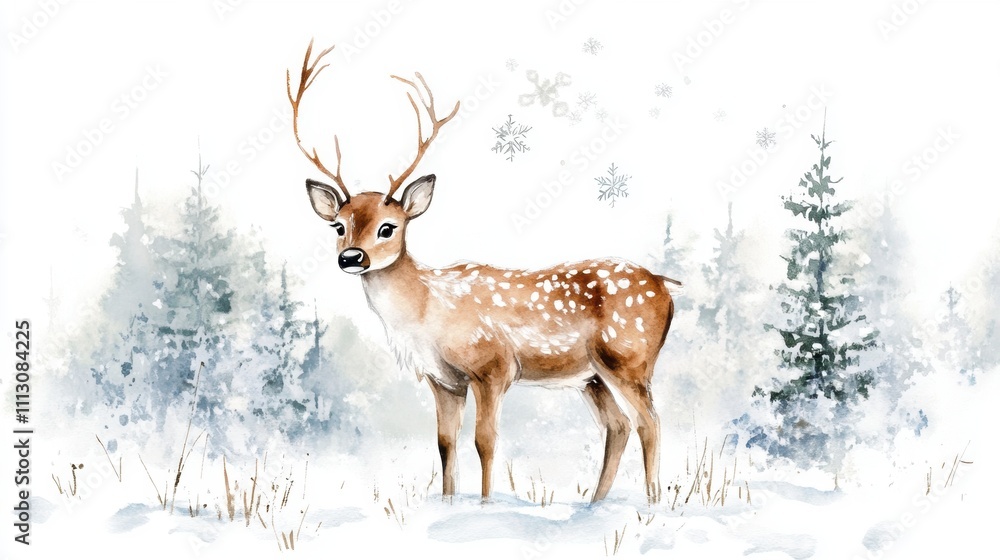 Deer in snow field. Winter theme background template for greeting card design. Deer in snow field. Winter theme background template for greeting card design.