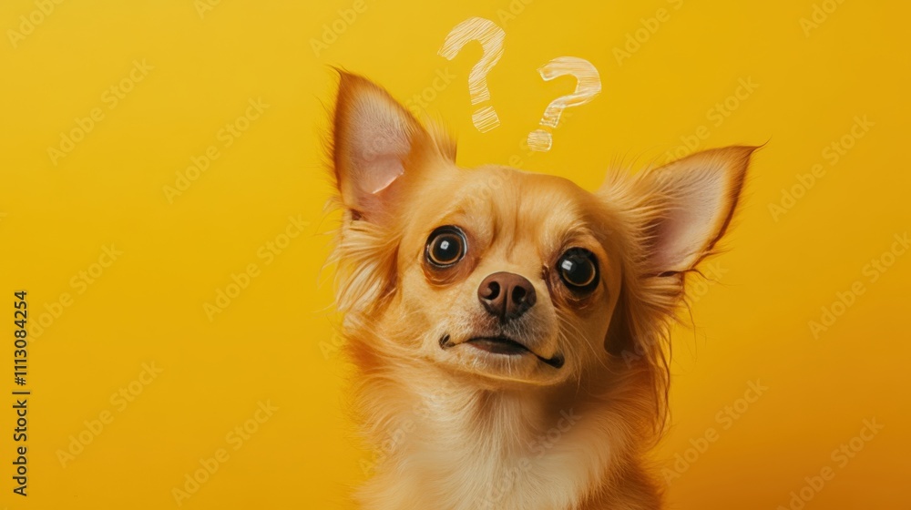 A curious chihuahua dog wonders with question marks above it A curious chihuahua dog wonders with question marks above it