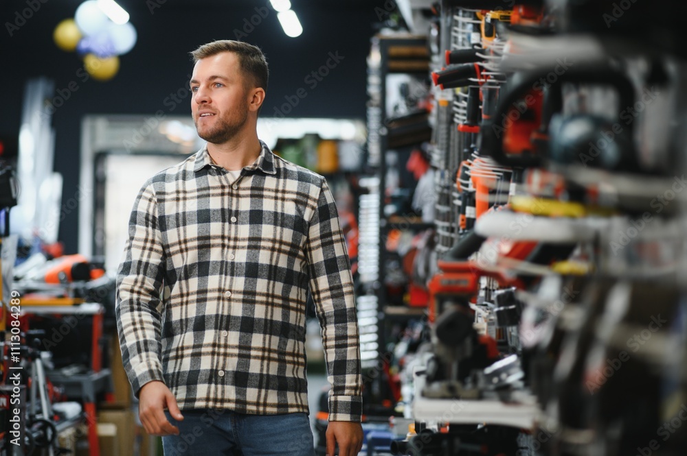 A man chooses a power tool in a hardware store