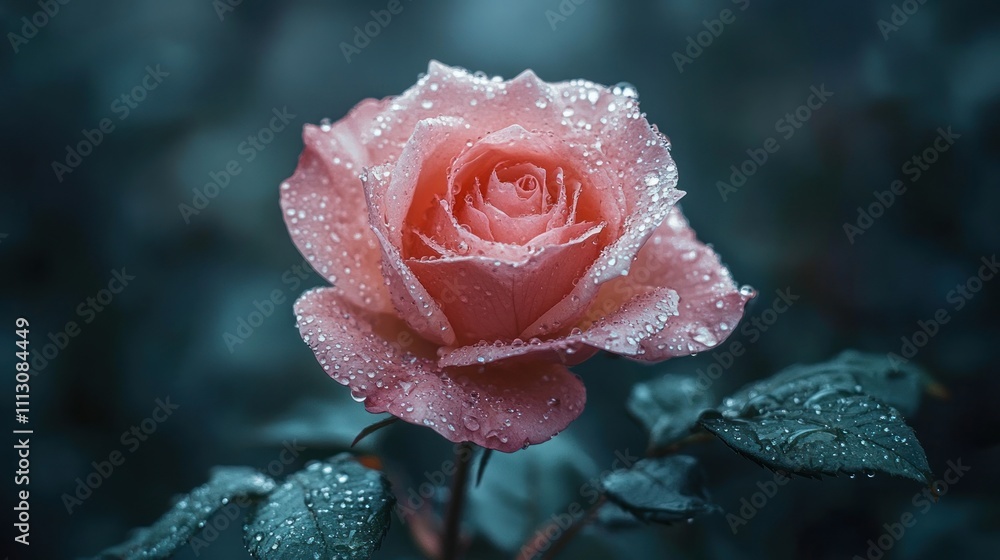 A single pink rose with water droplets on its petals, standing out against a dark green background. A single pink rose with water droplets on its petals, standing out against a dark green background.