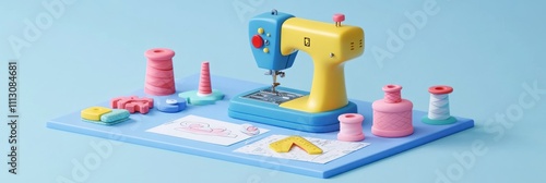 A colorful sewing machine surrounded by spools of thread and fabric samples. photo