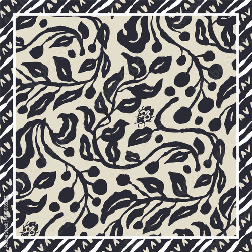 Monochrome black and white brush strokes inky trailing branches scarf or bandana design. Abstract floral contemporary minimalist background.