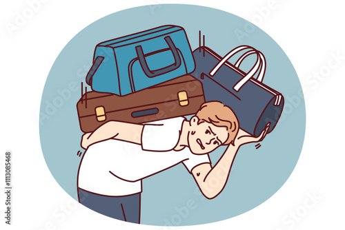 Dissatisfied man with heavy suitcases is moving or relocating to new city. Guy in casual clothes bends over putting suitcases on back and looks at screen in need of help from loader