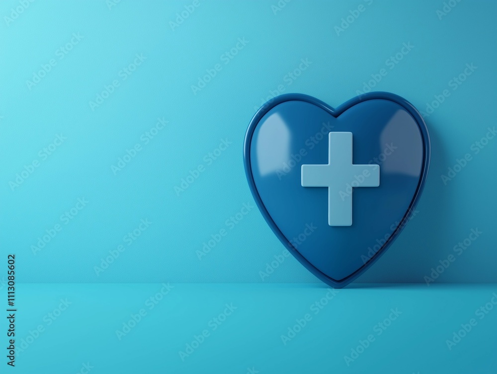 Obraz premium A blue heart with a medical cross symbol against a turquoise background, conveying health and wellness.