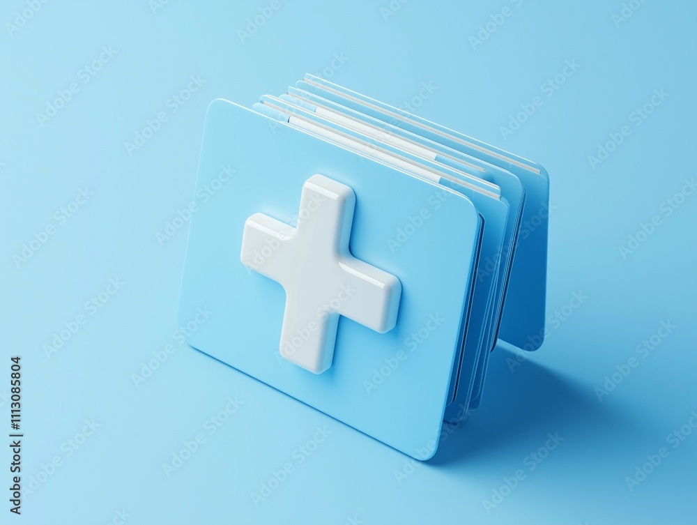 Obraz premium A stack of blue medical cards featuring a prominent white cross symbol against a light blue background, representing healthcare or medical services.