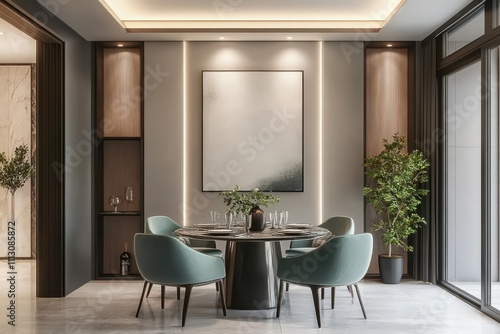 Elegant dining room with modern decor, stylish furniture, and soothing ambiance in a serene indoor setting