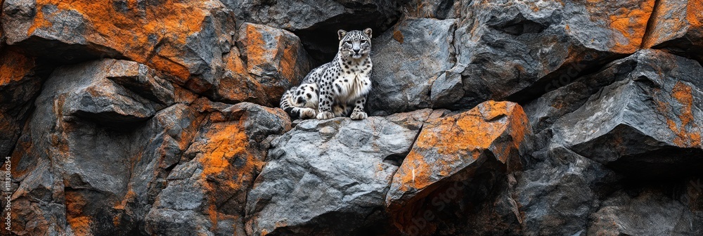 A snow leopard resting on rocky terrain, blending with its environment. A snow leopard resting on rocky terrain, blending with its environment.