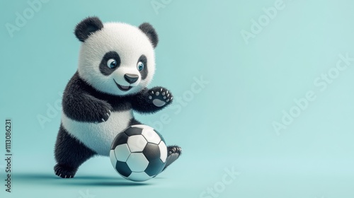 A cute panda playing with a soccer ball in a playful, colorful setting.