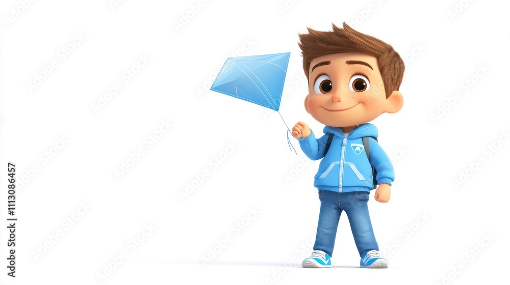 A cheerful animated boy holding a blue kite, ready for outdoor fun. A cheerful animated boy holding a blue kite, ready for outdoor fun.